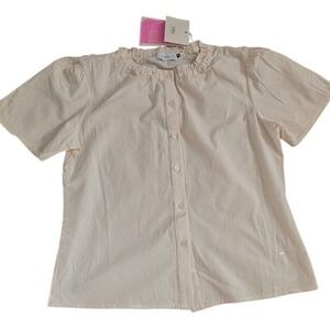 VGU Women Cream Button Up Short‎ Sleeve Ruffle Neck Blouse Size M NEW
